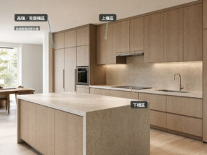 廚房三大配置區域標註示意圖，展示高櫃電器區、上櫃區與下櫃水槽配置。