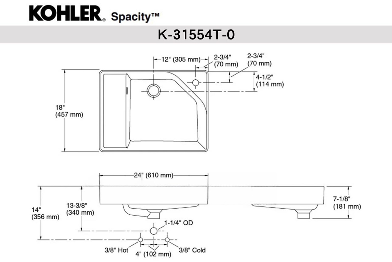 【格蘭登】美國 KOHLER Spacity 檯面盆 60cm 白 K-31554T-0 限時優惠~2026/12/31:圖片 2